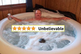 Reviewer relaxing in portable hot tub with words "Unbelievable"