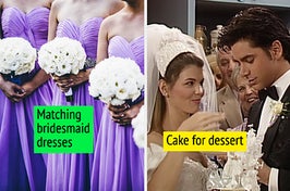 Bridesmaids wear matching purple dresses, Becky and Jesse eat cake at their wedding reception