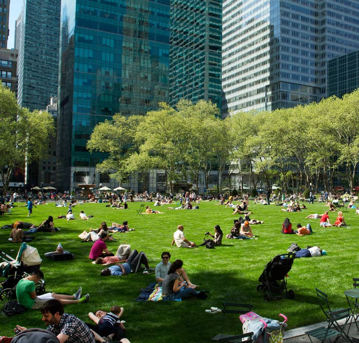 People sitting and lying on the grass in Bryant Park in New York City