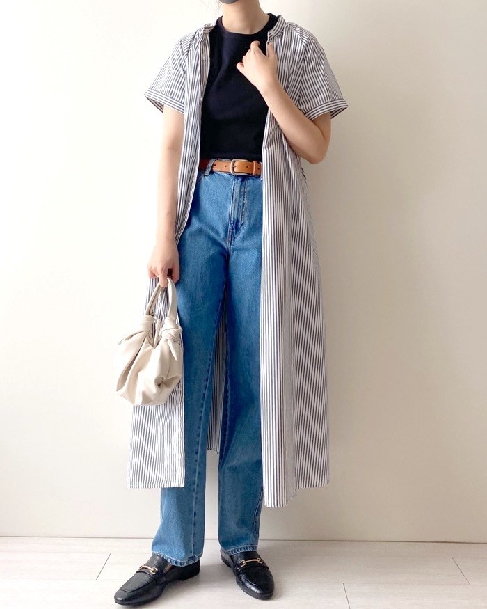 GUのオススメのファッション「ストライプバンドカラーシャツワンピース(半袖）」