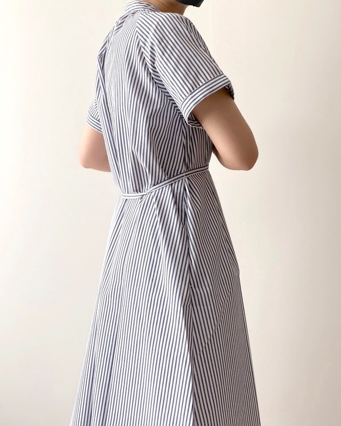 GUのオススメのファッション「ストライプバンドカラーシャツワンピース(半袖）」