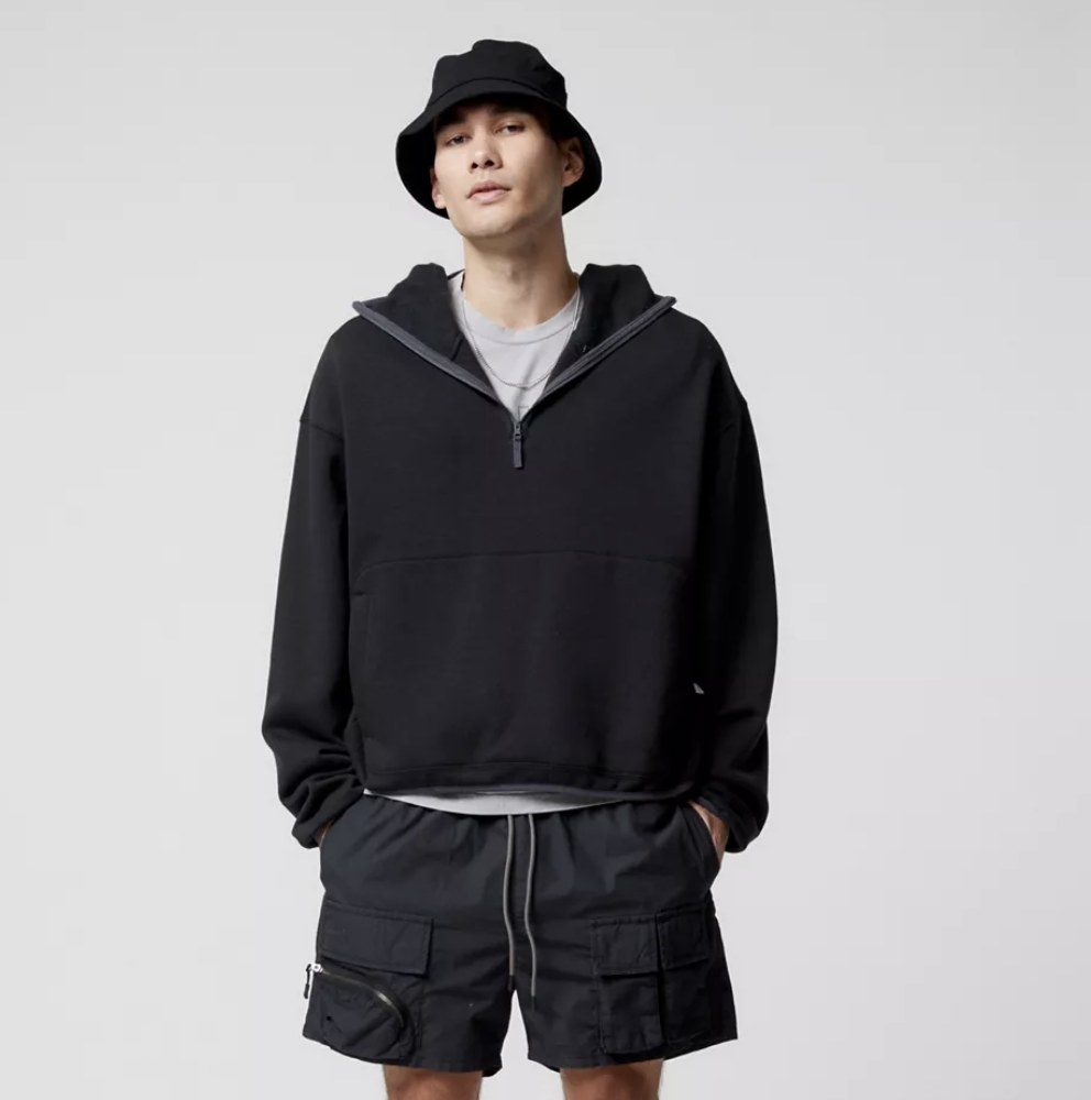 model wearing Standard Cloth zip hoodie in black