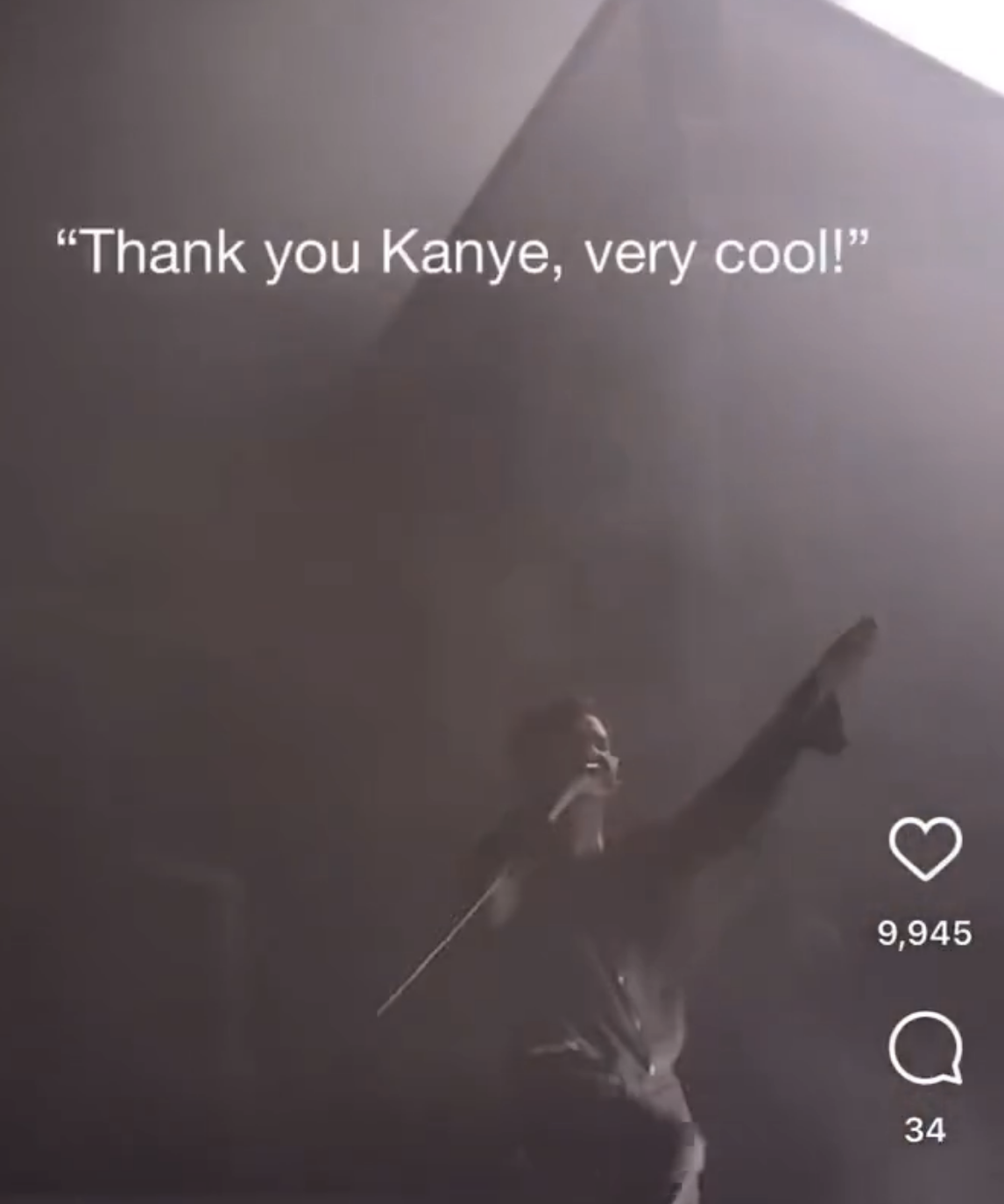 Matty onstage with a raised hand and the caption &quot;Thank you Kanye, very cool&quot;