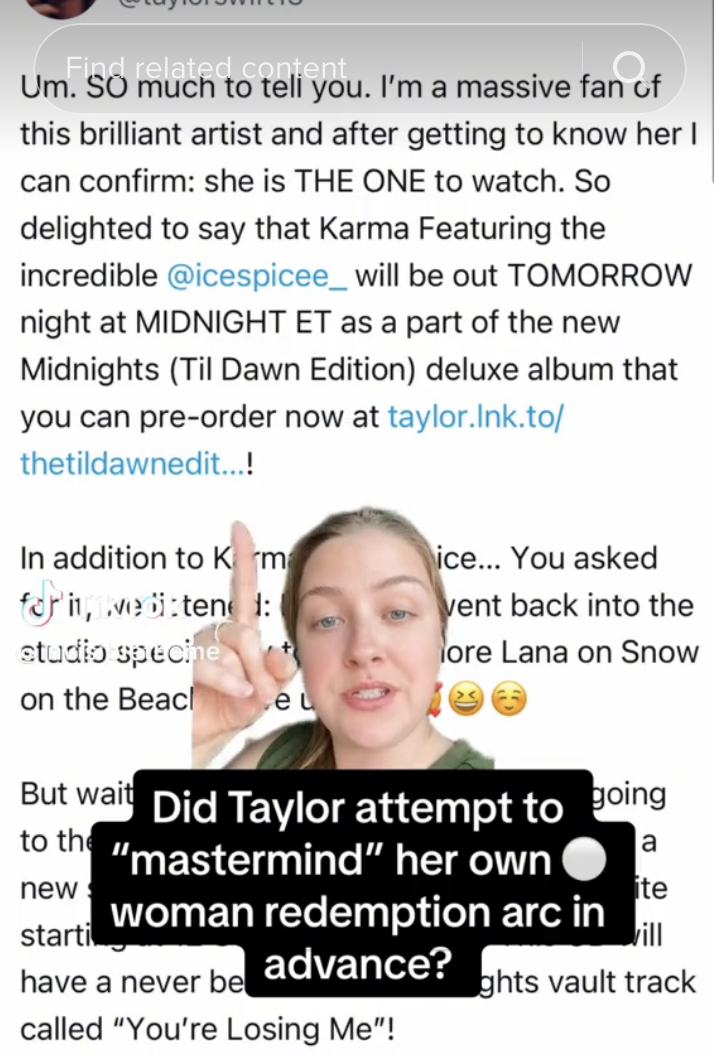 Screenshot of TikTok asking if Taylor attempted to mastermind her own woman redemption arc