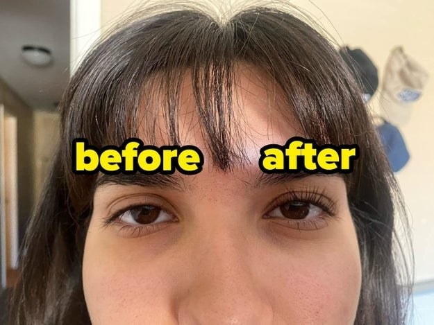 A reviewer with one eye&#x27;s lashes uncurled, labeled &quot;before,&quot; and the other eye&#x27;s lashes curled, labeled &quot;after&quot;