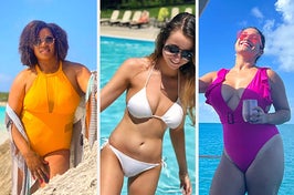 Three reviewers wearing a yellow one piece, a white bikini, and pink one piece.