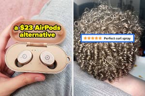 rose pink earbuds that are a $23 airpods alternative / perfectly curled hair after using a spray