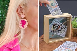 model in beaded barbie earrings and a travel fund piggy bank