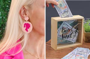 model in beaded barbie earrings and a travel fund piggy bank
