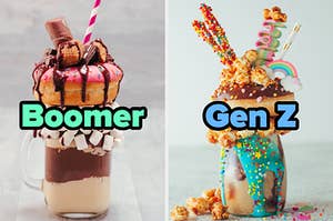 On the left, a chocolate and vanilla shake topped with a donut, marshmallows, and chocolate labeled boomer, and on the right, a chocolate milkshake topped with candy, caramel corn, and a donut labeled Gen Z