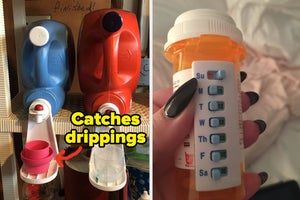 An attachment on a bottle of laundry detergent that holds caps to prevent messes/A reviewer holding a bottle of pills with a pill tracker tab attached to the bottle