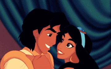 Gif of Disney&#x27;s Aladdin and Jasmine hugging