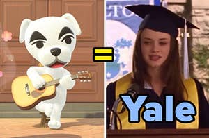 two separate images: on the left is kk slider from animal crossing; right is rory gilmore wearing a graduation cap