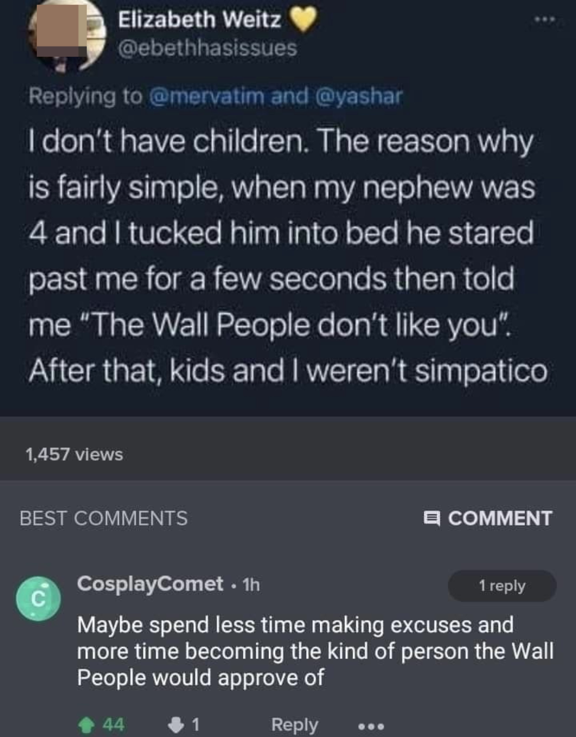 Person says they&#x27;re not a parent because as they tucked their nephew into bed, he stared past them and said the wall people don&#x27;t like them, and they&#x27;re told to spend less time making excuses and become the kind of person the wall people would like