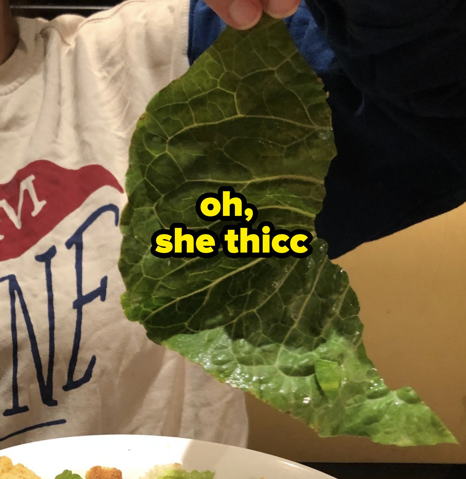giant piece of lettuce with text that says &quot;oh, she thicc&quot;