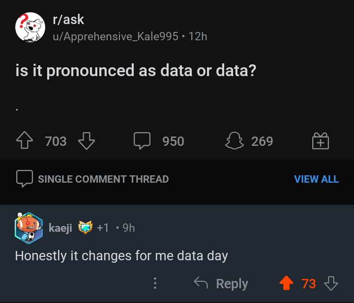 &quot;Is it pronounced as data or data?&quot; &quot;Honestly it changes for me data day&quot;