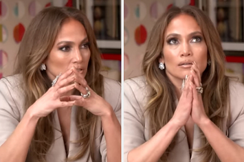 Jennifer Lopez speaks in an interview with her hands clasped together