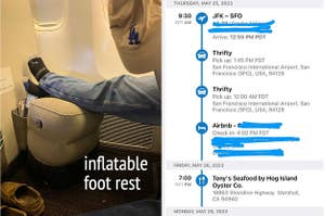 person on plane resting feet on inflatable foot rest, TripIt app that creates a schedule