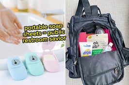 model washing hands in sink with three portable soap sheet containers nearby / editor's anti-theft backpack filled with supplies