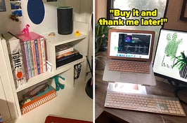 white adjustable shelves filled with books and other items / a laptop on a laptop stand on a desk