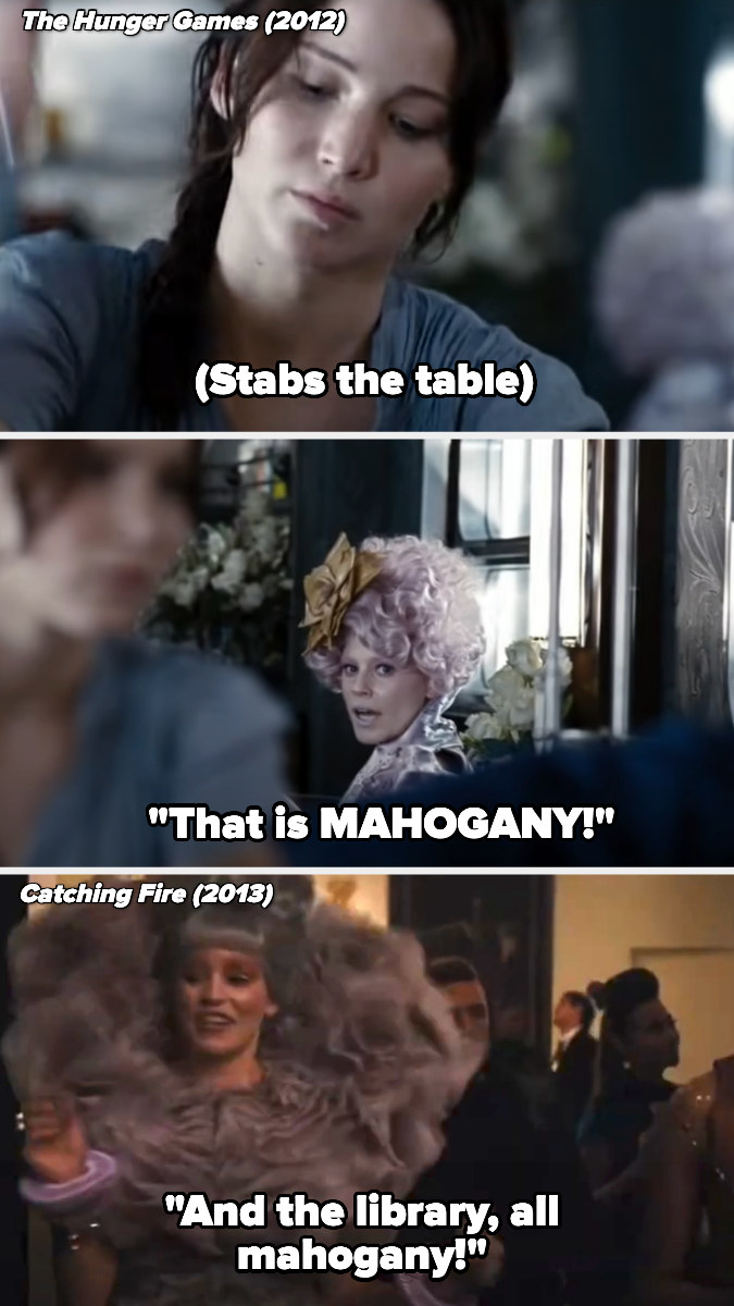 The line in The Hunger Games, and &quot;And the library, all mahogany&quot; in Catching Fire