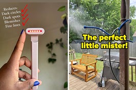 a hand holding a solawave wand and text that reads "reduces: dark circles, dark spots, blemishes, fine lines"; image of a flexible mister and text that reads "the perfect little mister"