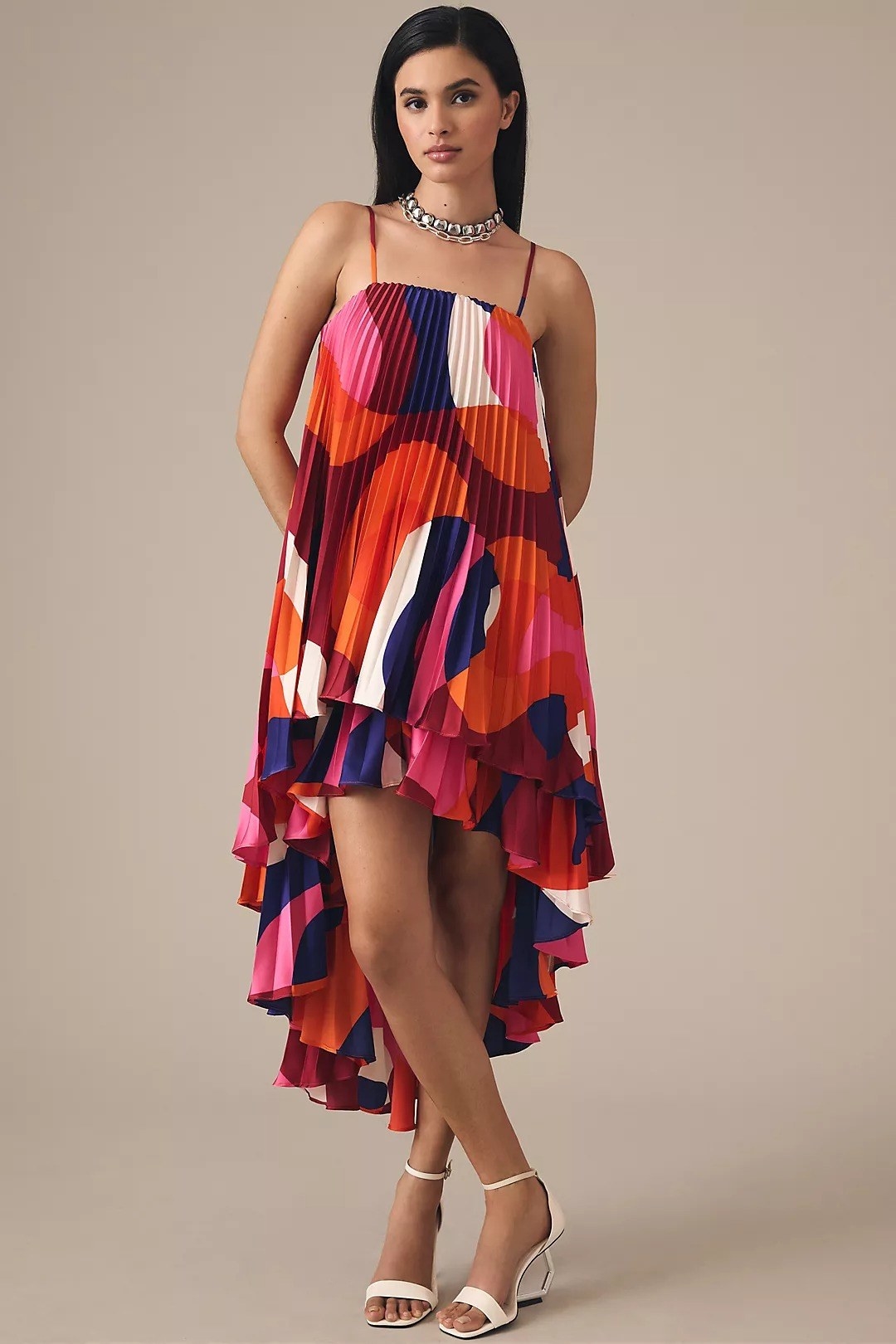 model wearing the tiered multicolored dress