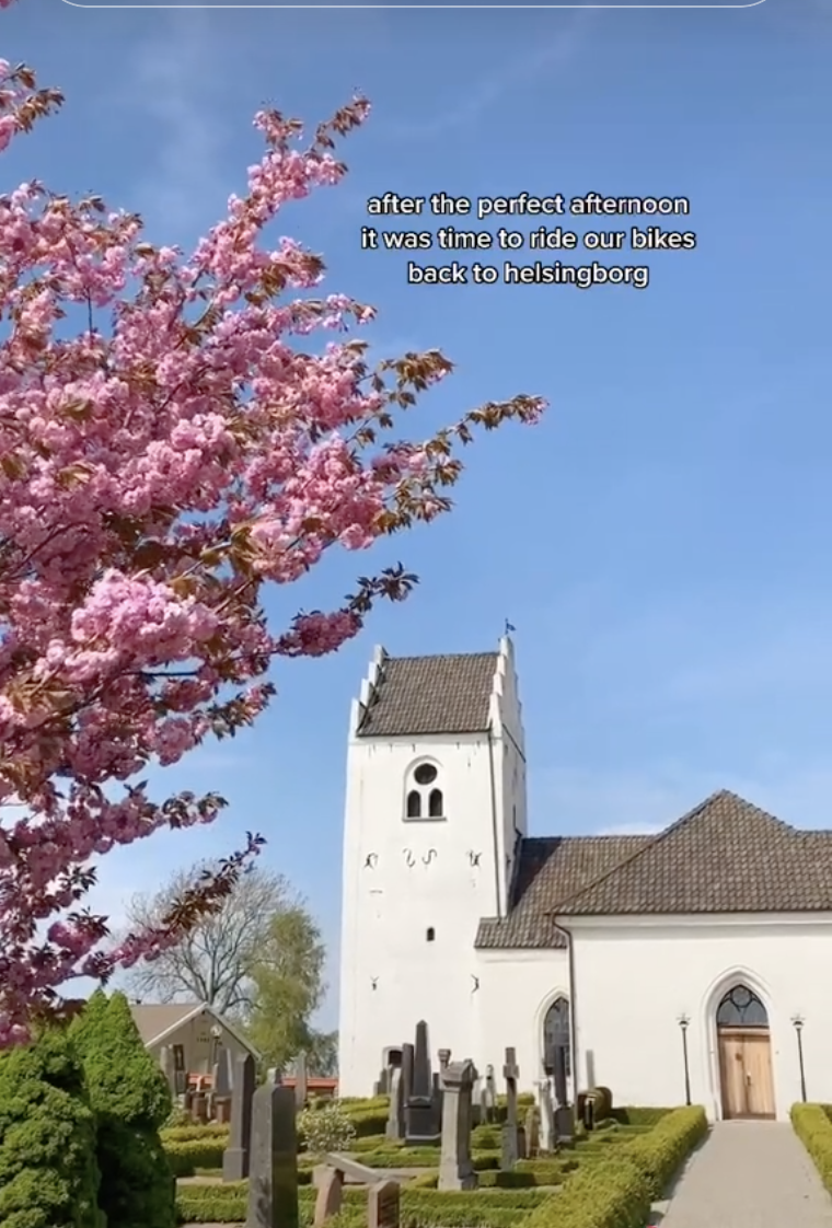 Screenshot of a TikTok showing a church in Sweden with cherry blossoms blooming in the foreground