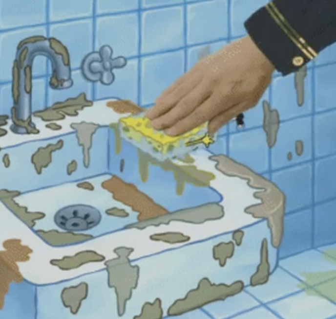 cartoon of a dirty sink being cleaned