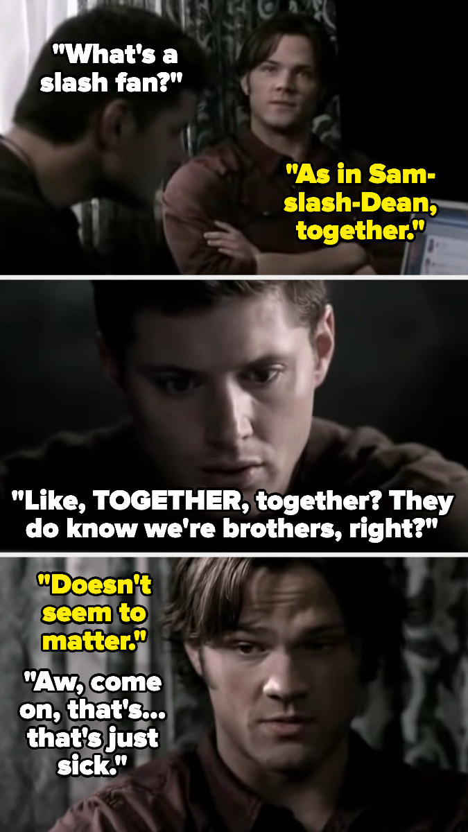 Sam and Dean talking about a Sam-and-Dean ship and asking if fans know they&#x27;re brothers