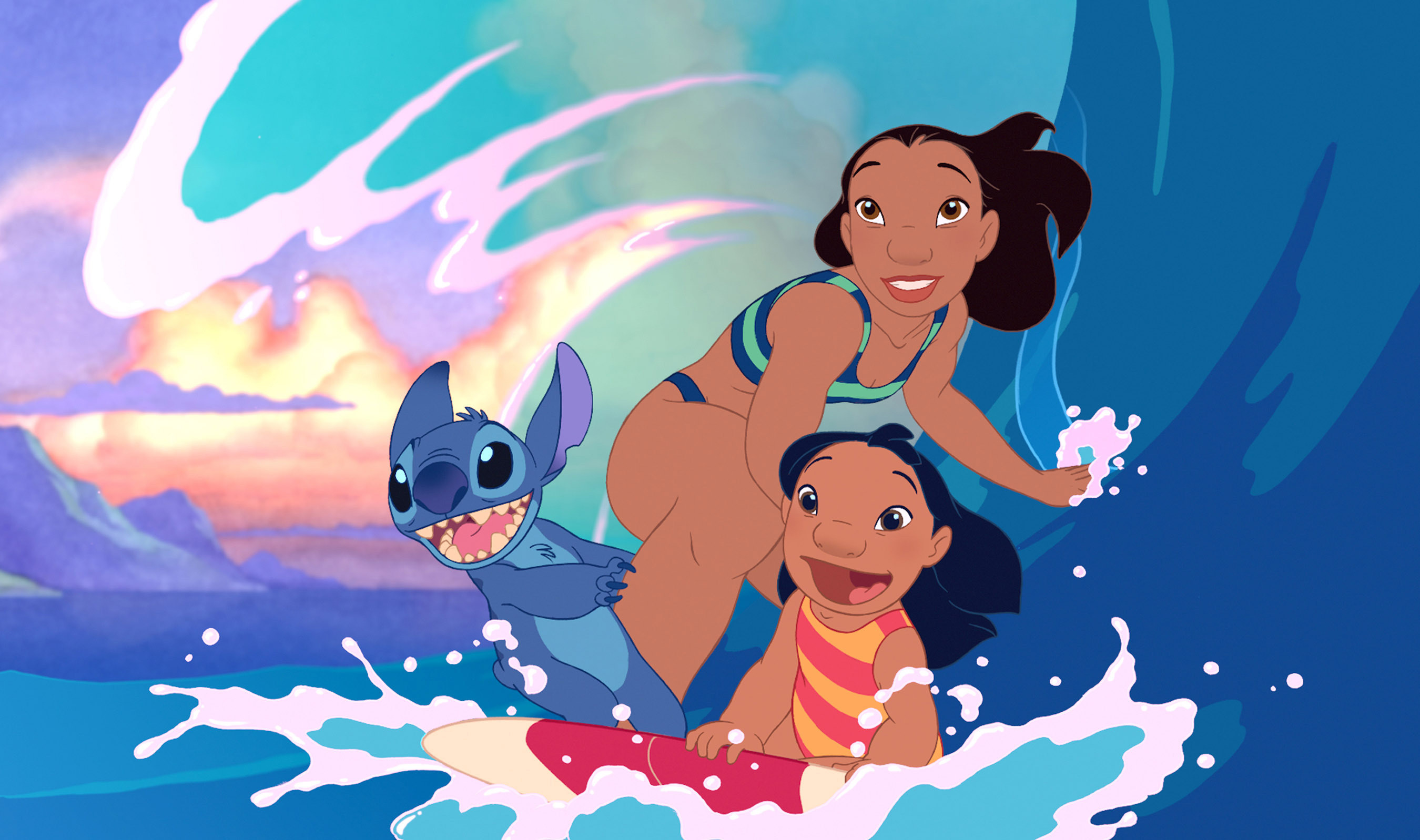 Stitch, Nani and Lilo surfing in Lilo &amp;amp; Stitch