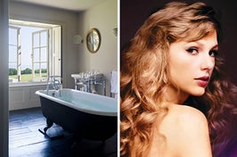 On the left, a bathroom with a claw foot tub and a large, open window, and on the right, Taylor Swift on the Speak Now Taylor's Version album cover