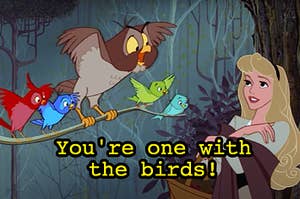 Birds on a branch singing to Princess Aurora.