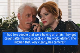 roger and joan in mad men with text about two coworkers having an affair and having a quickie in the work kitchen