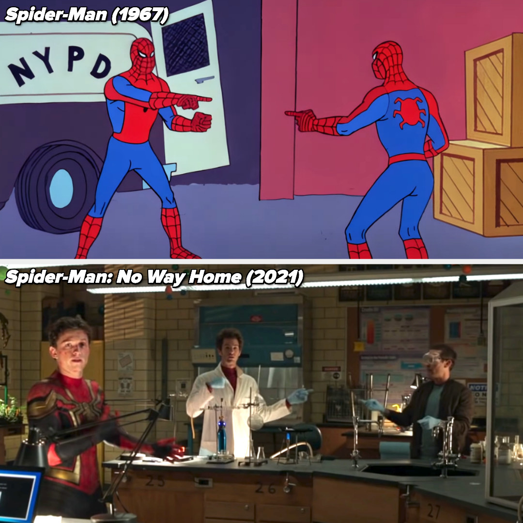 Two Spider-Mans pointing at each other in the &#x27;67 movie and three in No Way Home