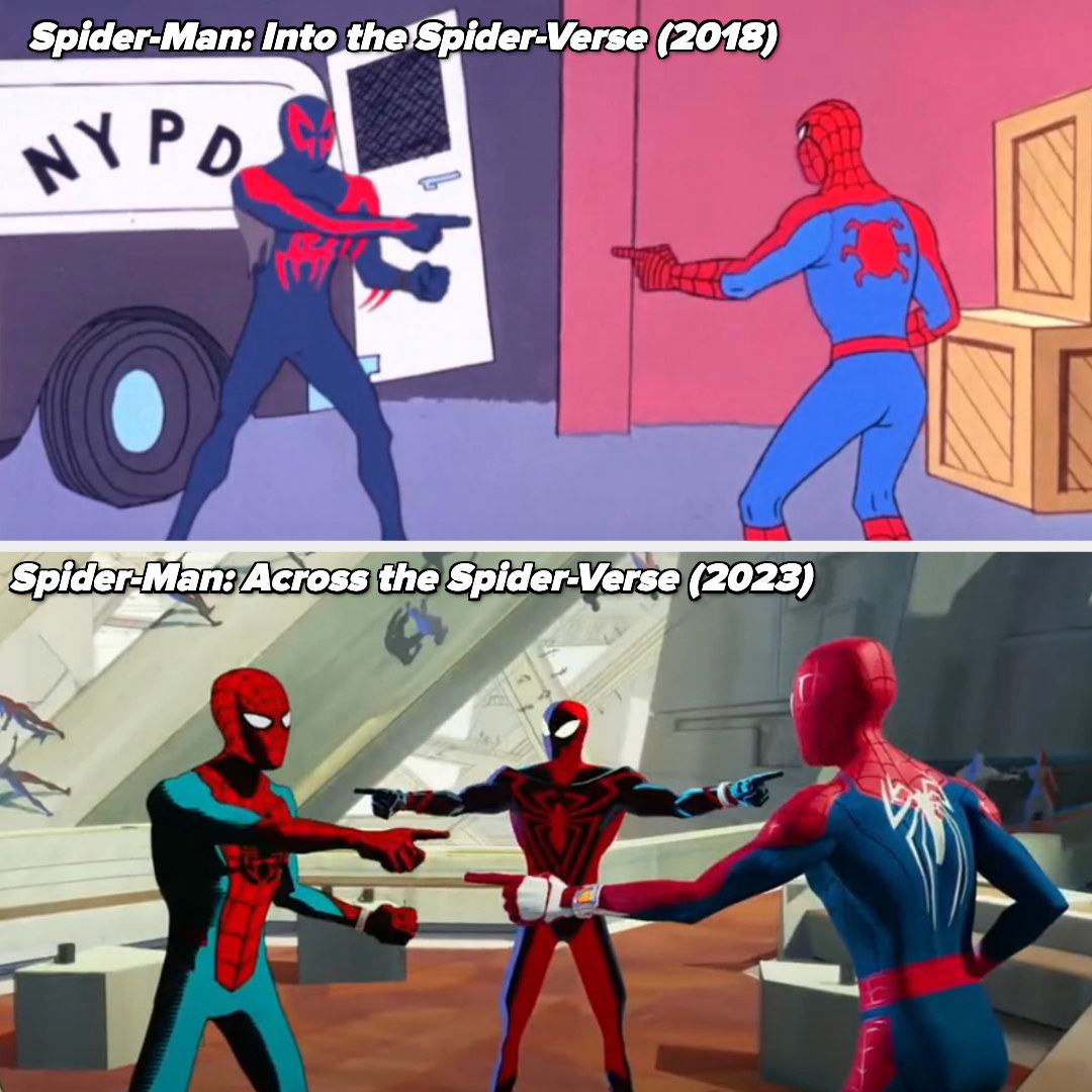 The scene in both movies, one with two Spider-Men and one with three