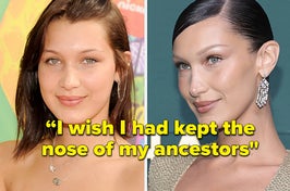 Two photos of Bella Hadid, one in 2014 and one recent, with the text 'I wish I had kept the nose of my ancestors"