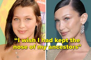 Two photos of Bella Hadid, one in 2014 and one recent, with the text 'I wish I had kept the nose of my ancestors"