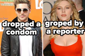 A photo of Zac Efron with the caption 'dropped a condom' and one of Scarlett Johansson with the caption 'groped by a reporter'