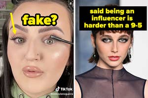 A photo of a woman applying mascara, with an arrow pointing to her lashes saying 'fake?', and a photo of Emma Chamberlain, text reads 'says being an influencer is harder than a 9-5'