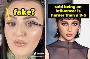 A photo of a woman applying mascara, with an arrow pointing to her lashes saying 'fake?', and a photo of Emma Chamberlain, text reads 'says being an influencer is harder than a 9-5'