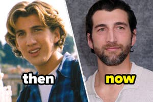 Clayton Snyder in The Lizzie McGuire Movie and on the red carpet, text: then now