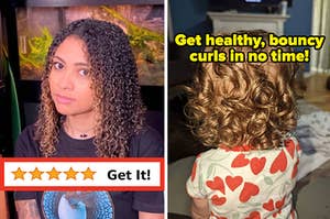 a reviewer with tight ribbon-like curls and text that reads "get it"; a child with ringlets and text that reads "get healthy, bouncy curls in no time"