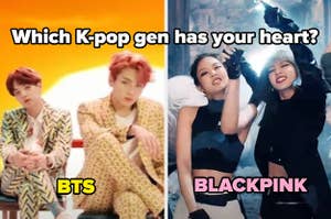 A split thumbnail, with two images - one showing Suga and Jungkook of BTS and one showing Lisa and Jennie of Blackpink