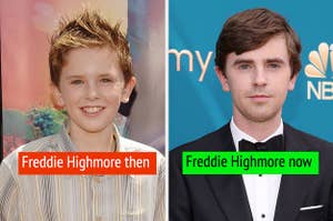 Freddie Highmore smiles at the "Charlie and the Chocolate Factory" premiere circa 2005, Freddie Highmore arrives at the Emmy Awards on September 12, 2022