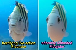 horrifying live-action Flounder vs adorable animated Flounder