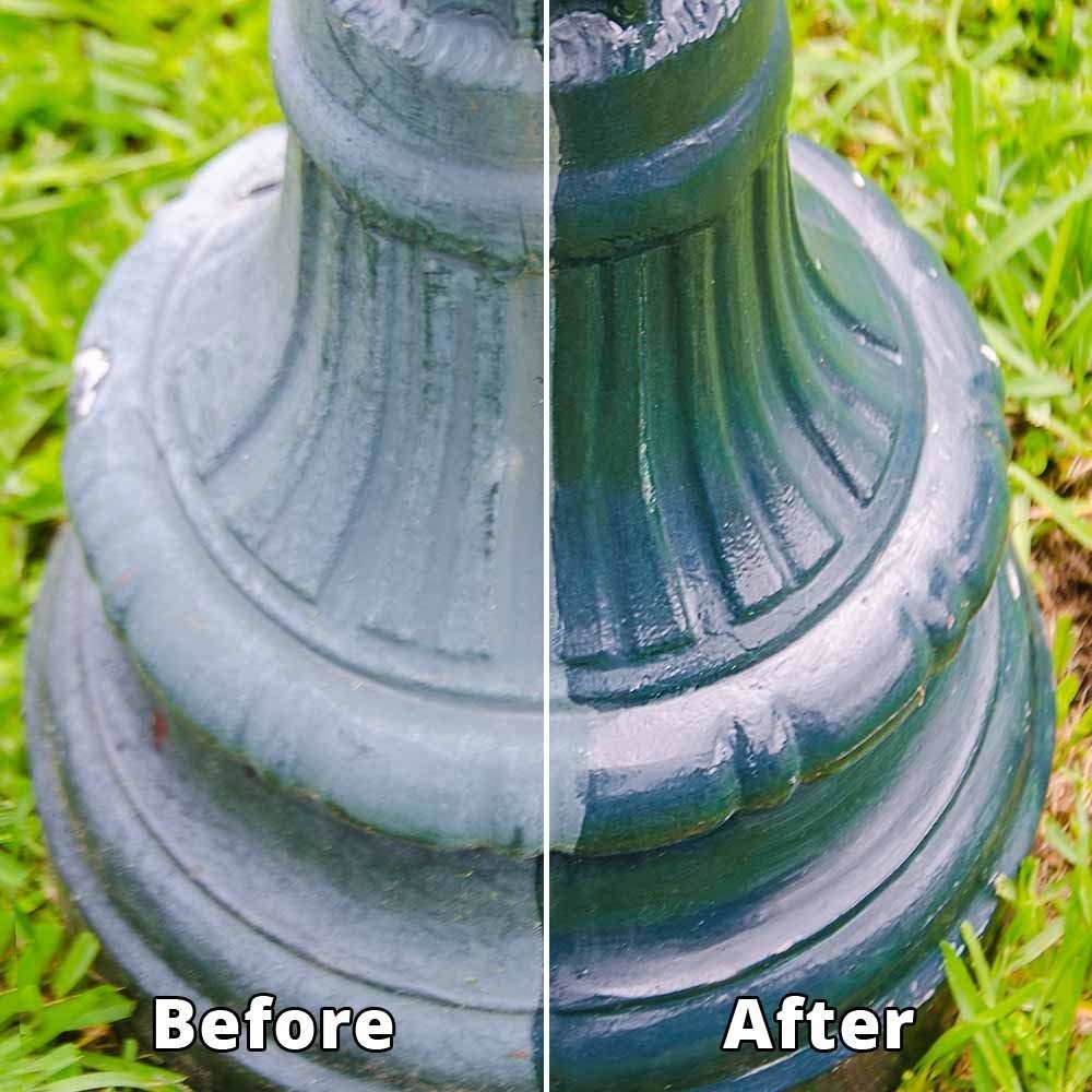 an outdoor lamppost before and after using the wipes, appearing restored