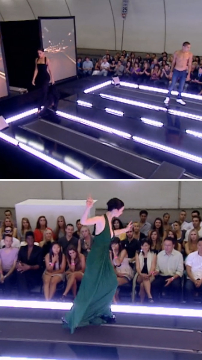 Contestants attempt to walk down a runway with a moving conveyor belt