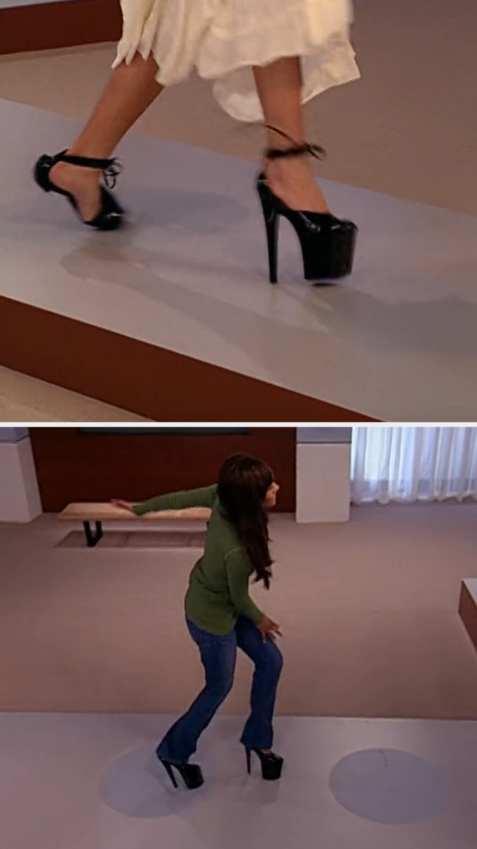Contestants twist their ankles in very high heels
