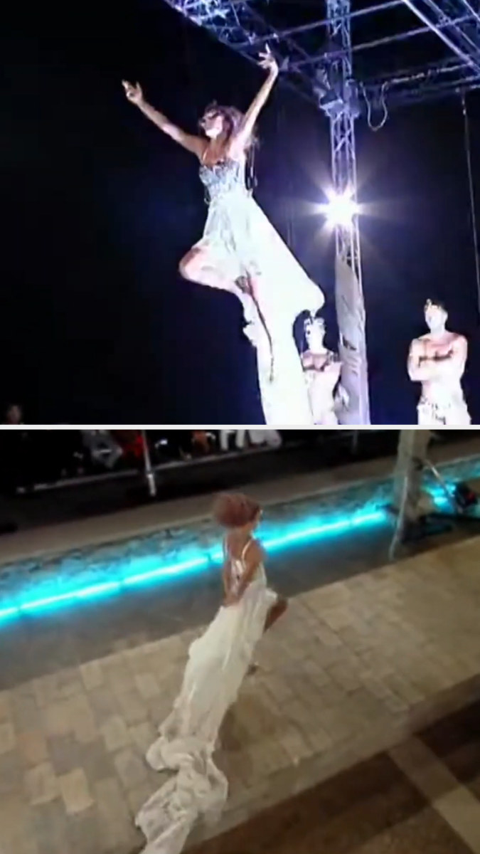 One contestant floats in a harness and another walks the runway